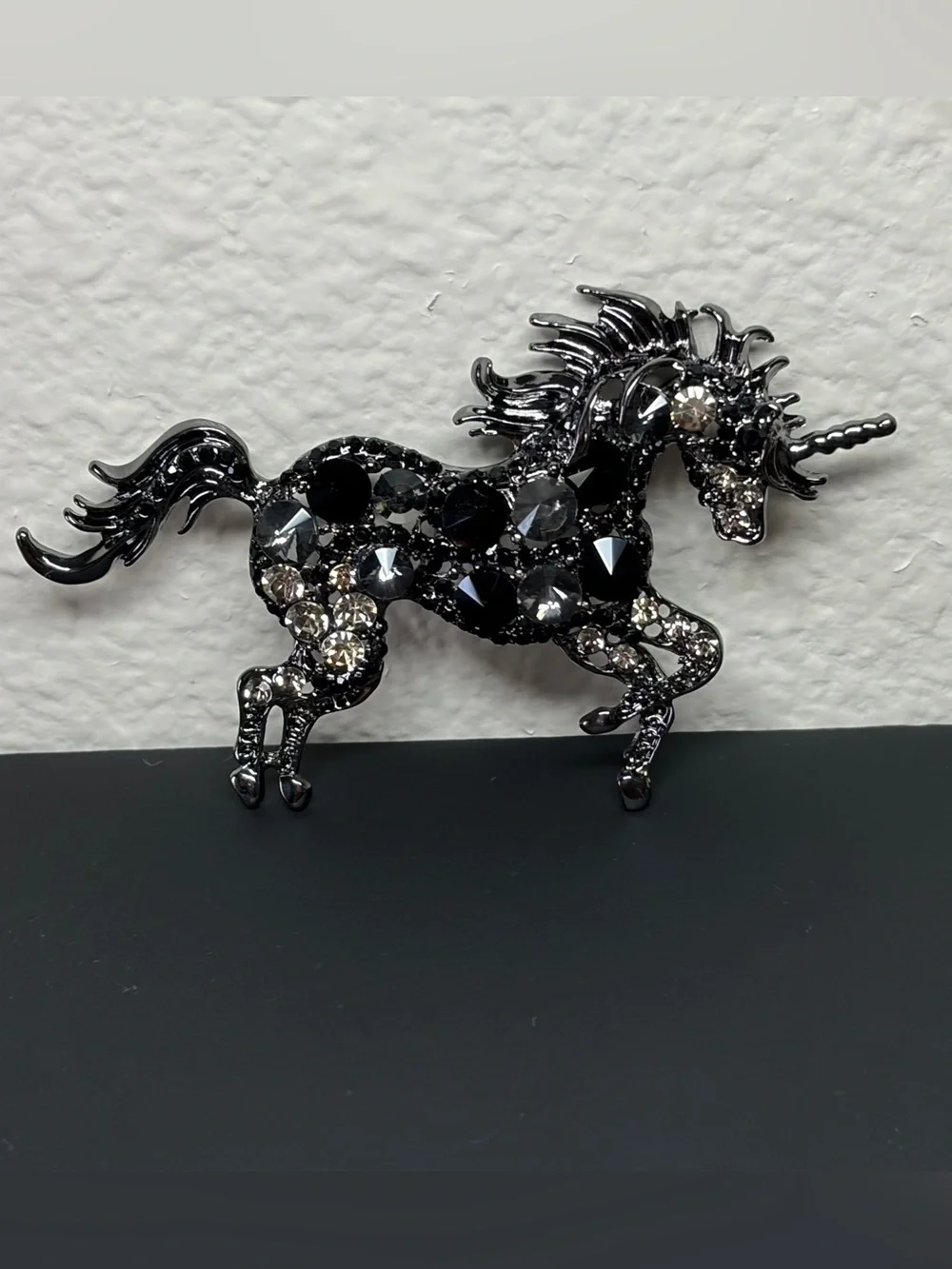 Black Gunmetal Rhinestone Unicorn Brooch/Pendant Crystal Prancing Horse